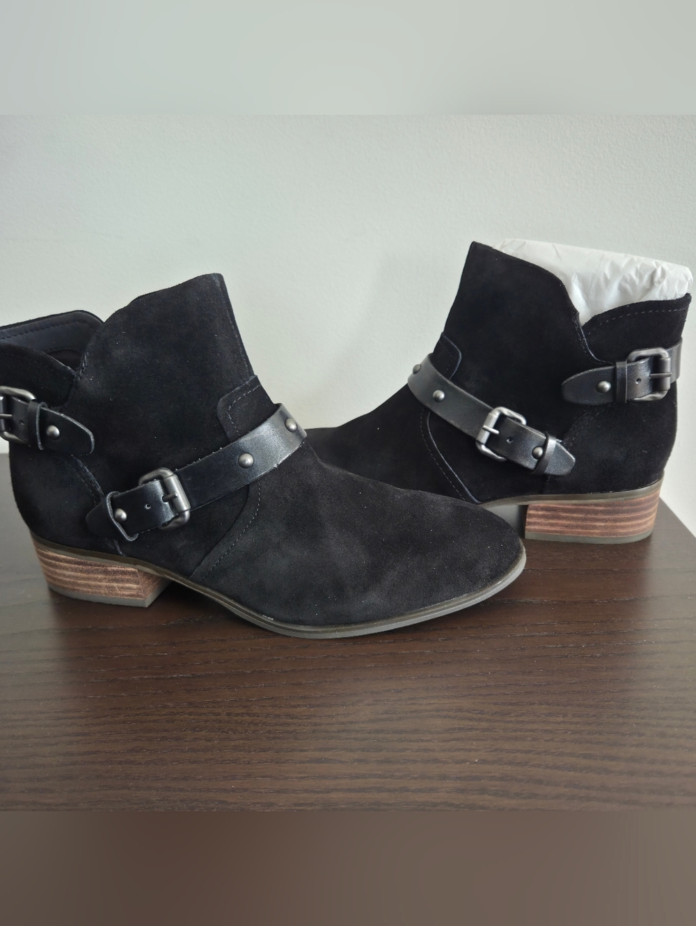Crown Vintage Black Suede Ankle Boots with Buckle Straps
